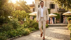 homme en costume beige