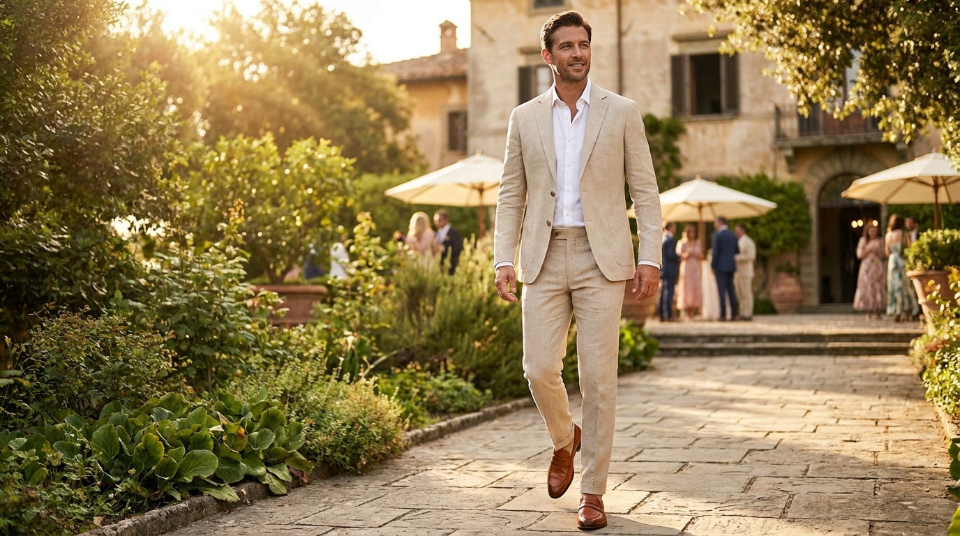homme en costume beige